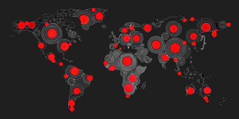 World Map With Concentric Circles Dark Background Vector Illustration © Sabuj