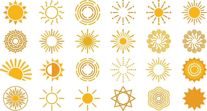 Sunburst and decorative sun icon collection featuring radiant circular symbols for logos badges and design elements