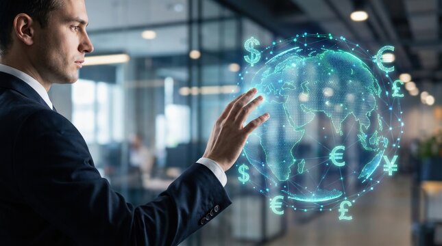 Businessman uses digital data for cashless payments and transaction worldwide with futuristic technology in office setting