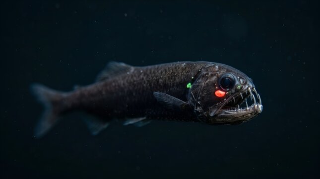 Fierce deep sea fangtooth fish swimming in dark ocean waters.