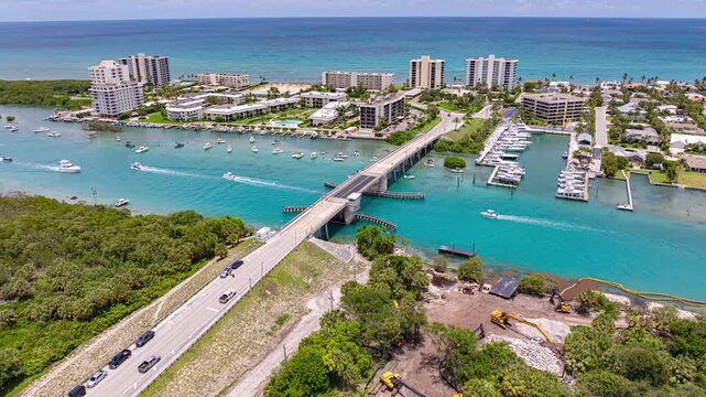 Aerial Timelapse of Jupiter, Florida Inlet and Cato's Bridge Over Turquoise Coastal Waters