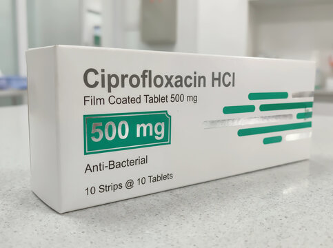 Ciprofloxacin HCl 500 mg antibiotic medicine box in a clinical setting