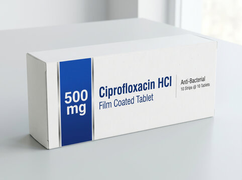 Ciprofloxacin HCl 500 mg antibiotic medicine box in a clinical setting