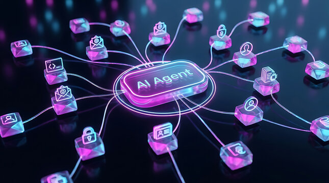 Ai agent centralized digital network connected to various communication and data task icons in a futuristic conceptual 3d rendering