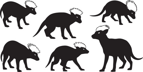 Fototapeta premium Crested animal silhouettes set of exotic wild creatures walking and standing for nature and biology design art.