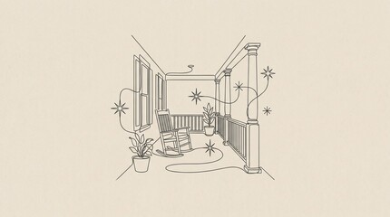 Fototapeta premium Minimalist continuous line art drawing of a traditional American front porch with abstract stars. Generative AI