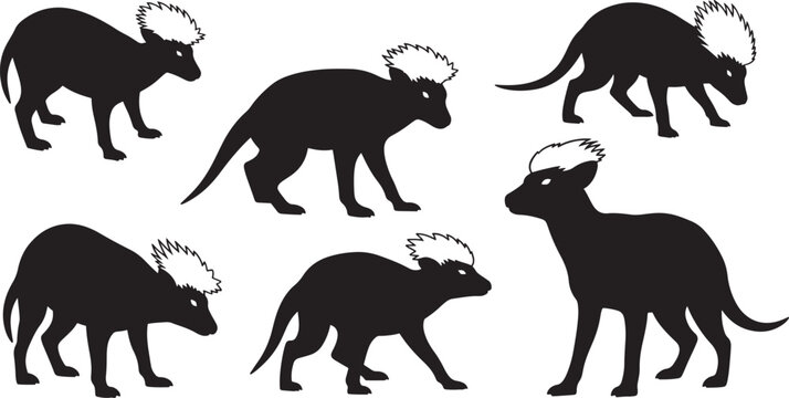 Crested animal silhouettes set of exotic wild creatures walking and standing for nature and biology design art.