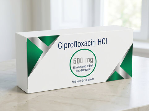 Ciprofloxacin HCl 500 mg antibiotic medicine box in a clinical setting