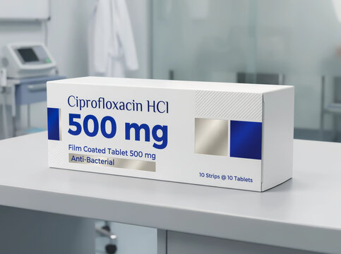 Ciprofloxacin HCl 500 mg antibiotic medicine box in a clinical setting