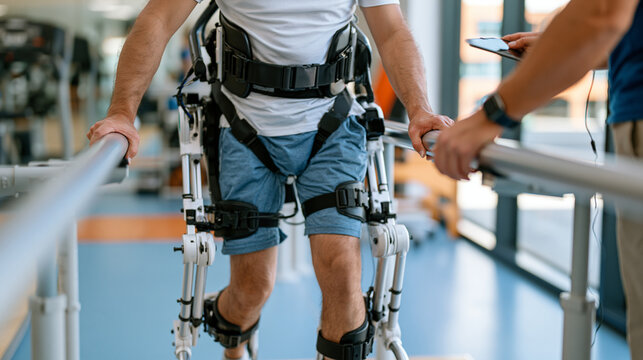 Stroke rehabilitation patient gripping parallel bars in a powered lower-body exoskeleton during an afternoon therapy session, golden hour streaming through a tall window onto the clinic floor as the