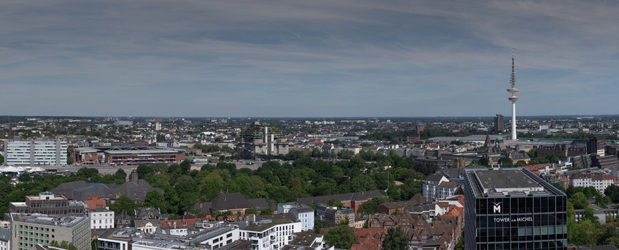 Hamburg, Germany - May 24, 2026: Panoramic view over Hamburg skyline with Heinrich Hertz Tower and St. Michael&rsquo;s Church on a sunny spring day