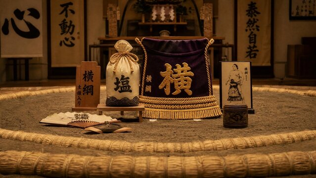 Salt pouch and decorative belt on a sumo ring, traditional Japanese elements, ceremonial arrangement.