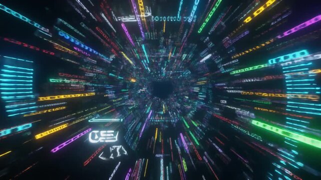 仮想現実空間を駆け抜けるデジタルデータストリームとバイナリコードの奔流