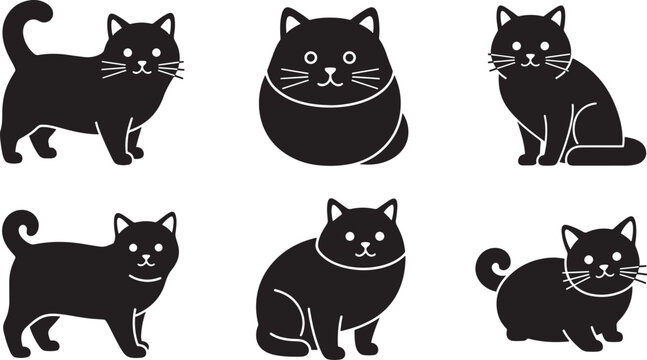 Cute cat silhouettes collection domestic kitten poses black pet shapes for animal lover graphics and stickers.