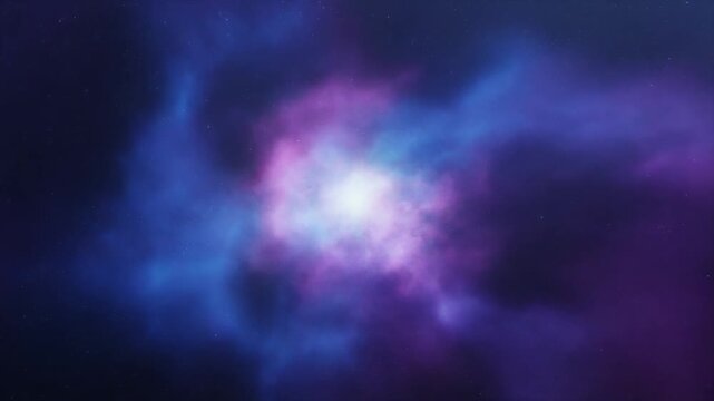 中央の明るい光から現れ、広がる鮮やかな紫と青の星雲のガス雲
