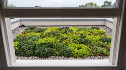 Obraz premium Green eco roof with growing sedum plants viewed through a window