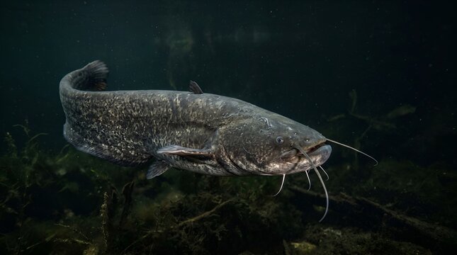 Large Wels Catfish Swimming Underwater in Dark River Environment.