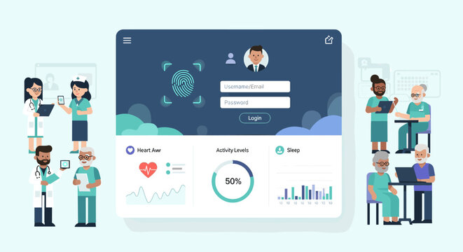 Medical digital health dashboard interface with healthcare professionals and patients in a flat vector illustration.