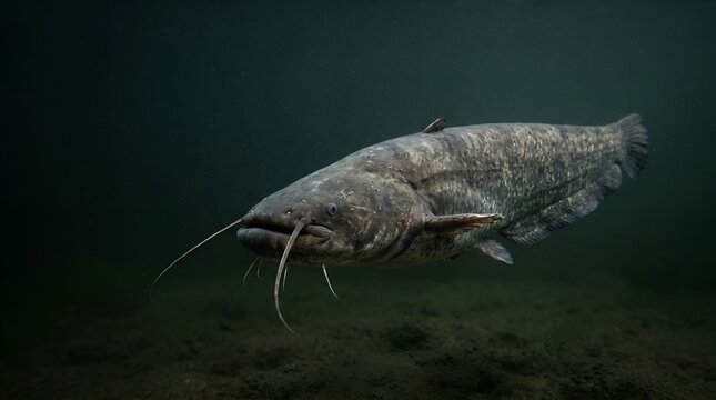 Large Wels Catfish Swimming in Dark Murky Underwater Environment.