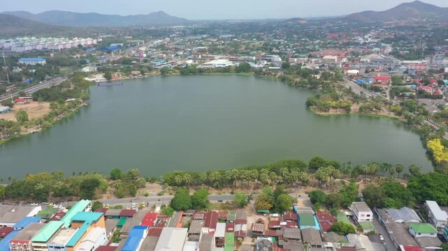 Aerial footage of Sattahip district located in Chomburi province.