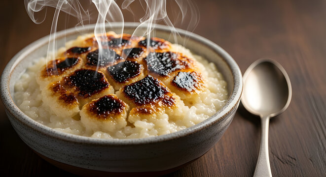 Steaming Brazilian Sweet Rice Pudding Arroz Doce with Caramelized Crust