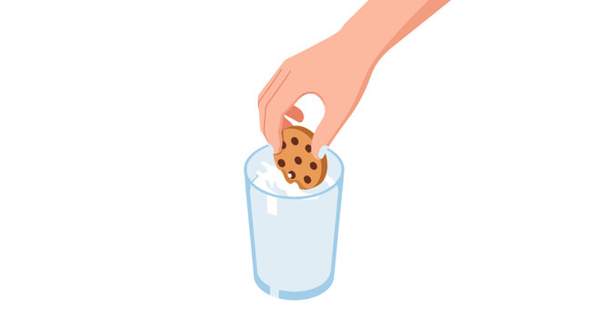 Hand dunking chocolate chip cookie into glass of milk.