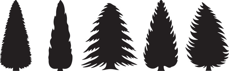 Fototapeta premium Diverse evergreen tree silhouettes collection isolated on checkered background simple geometric shapes.