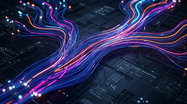 Abstract data flow with glowing fiber optic cables moving over a futuristic circuit board background