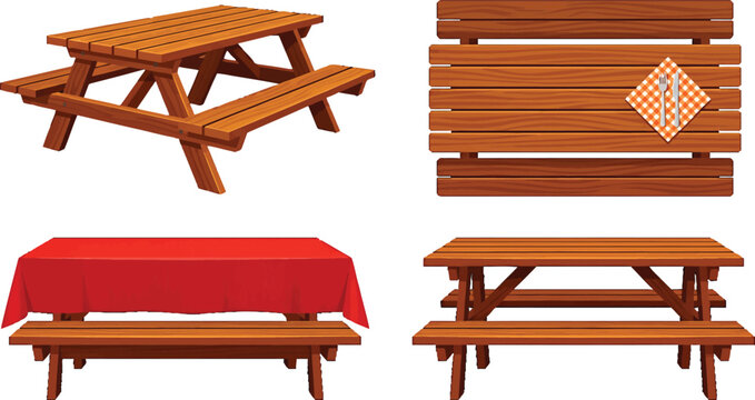 Wooden picnic table set with benches in various views including top and side angles as vector illustration