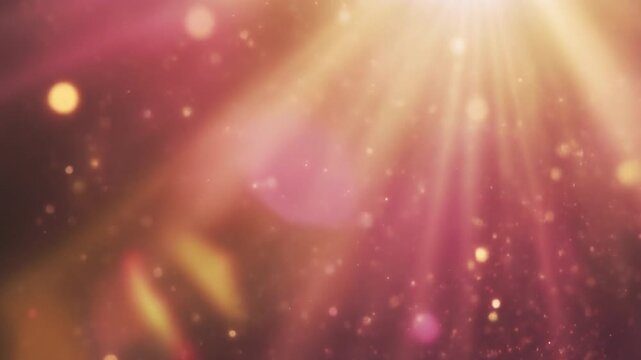 温かいパステルピンクとゴールドの光に照らされて漂う塵の粒子のゆっくりとしたトラッキングショット