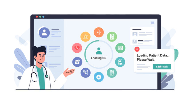 Doctor presenting digital patient data loading screen on a computer monitor.