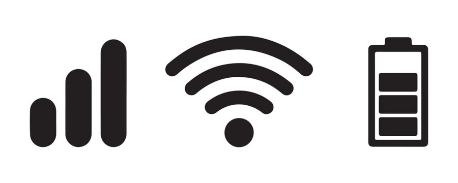 Mobile network signal strength wifi connection and battery level status bar icons on transparent.