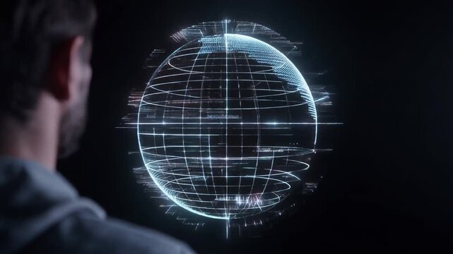 見えない観察者の肩越しに見えるゆっくりと回転する未来的なホログラフィック球体