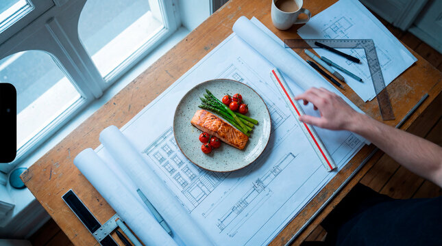 Healthy grilled salmon plate on drafting table at architect work desk