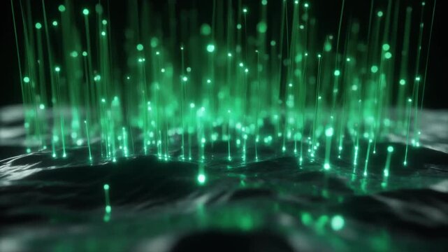 暗い液面から上昇する光るナノテクノロジー粒子の極端なクローズアップのマクロショット