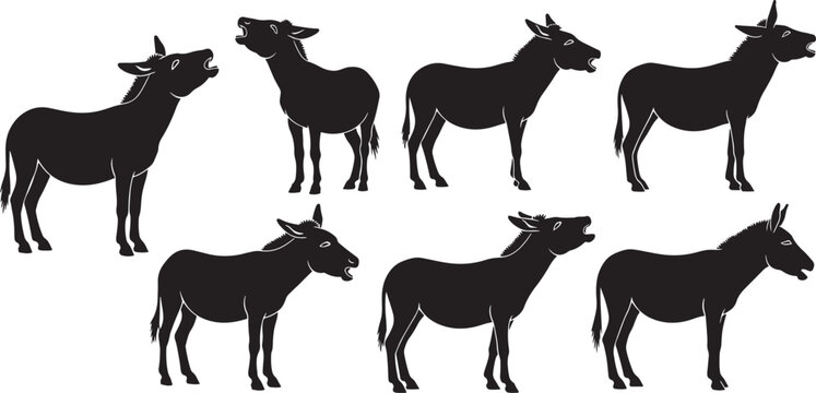 Donkey vector silhouettes. set of eight different standing or braying wild animal shapes isolated on background.