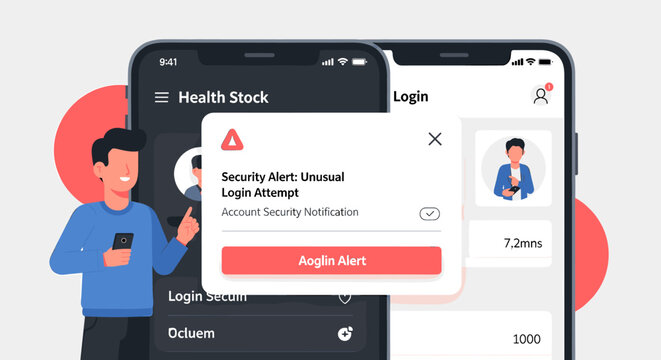 Illustration showing a mobile application security alert for an unusual login attempt on a smartphone.