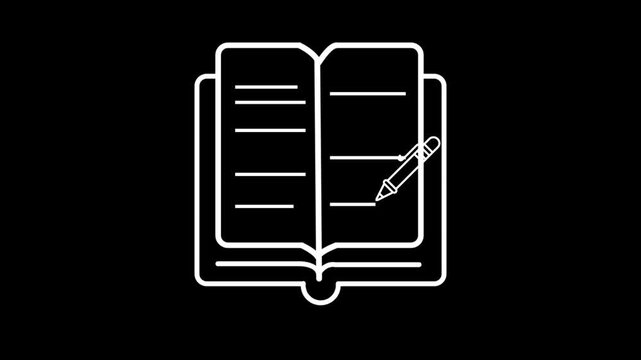  Pen in  writing something on book like monochrome icon animated clip. Writing icon based animation in black background and 4k animation