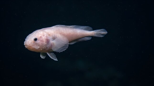 Rare deep sea snailfish swimming in dark ocean waters.
