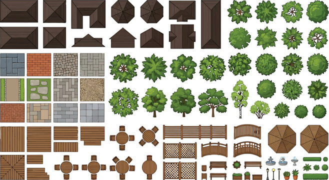 Top down garden landscape design elements set with trees roofs paving textures and outdoor furniture vector illustration