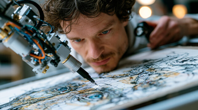 Mechanical plotter arm holding a fine liner pen completing the final strokes of a portrait drawing on textured paper stretched across an angled studio drafting table, art collector examining the fin