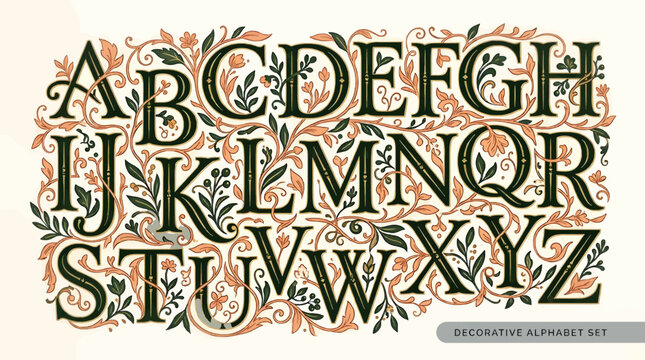 Ornate Decorative Alphabet Set with Serif Capital Letters A-Z, Flourishing Vines, Leaves, and Flowers, Elegant Vintage Typography Graphic Resource