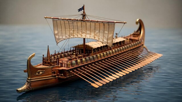 Miniature ancient trireme galley with parallel oars on a calm sea.