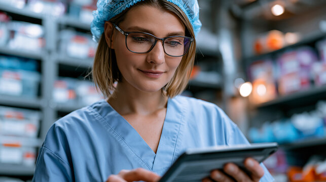 Perioperative nurse reviewing updated surgical implant compliance checklists on a tablet in a sterile supply room, accreditation documentation workflow in a hospital with shelves of catalogued surgi