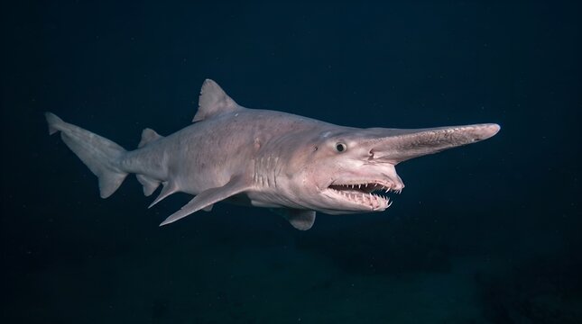 Rare goblin shark swimming in deep ocean water.