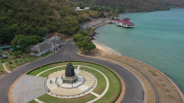 Aerial footage of Sattahip district located in Chomburi province.