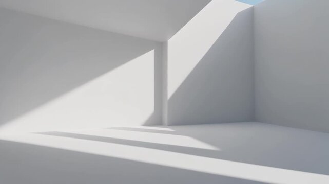 柔らかな影と明るい太陽光がゆっくりと移動するクリーンなミニマル建築の3D空間