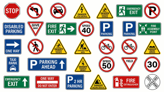 Collection of Safety and Directional Road Signs, Including Stop, Parking, Speed Limits, Emergency Exit, Danger Warnings, and Traffic Symbols, Flat Vector Illustration