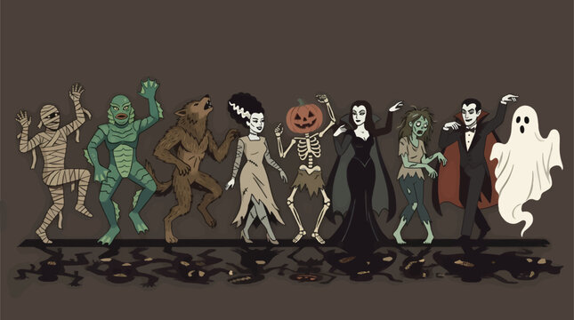 Classic Horror Monsters Lineup: Mummy, Creature, Werewolf, Bride, Pumpkin Skeleton, Vampire, Zombie, Ghost, Flat Vector Illustration