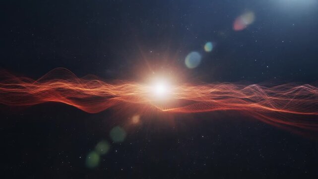 輝くコアから全方向へ広がる星形成エネルギーの放射状の波と暗い背景